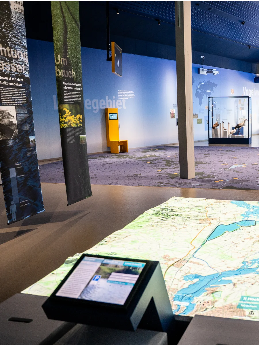 Besucher an einem digitalen Infoterminal mit interaktiver Bodenkarte des Alfsee-Gebiets in der Ausstellung